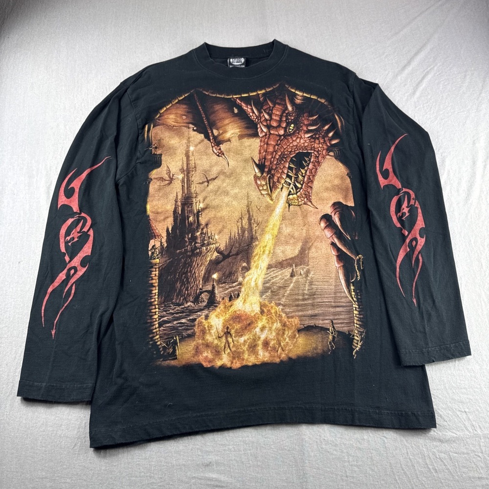 Spiral Direct Shirt Adult XL Black Dragon Fantasy Gothic Skull Bones Emo Flames